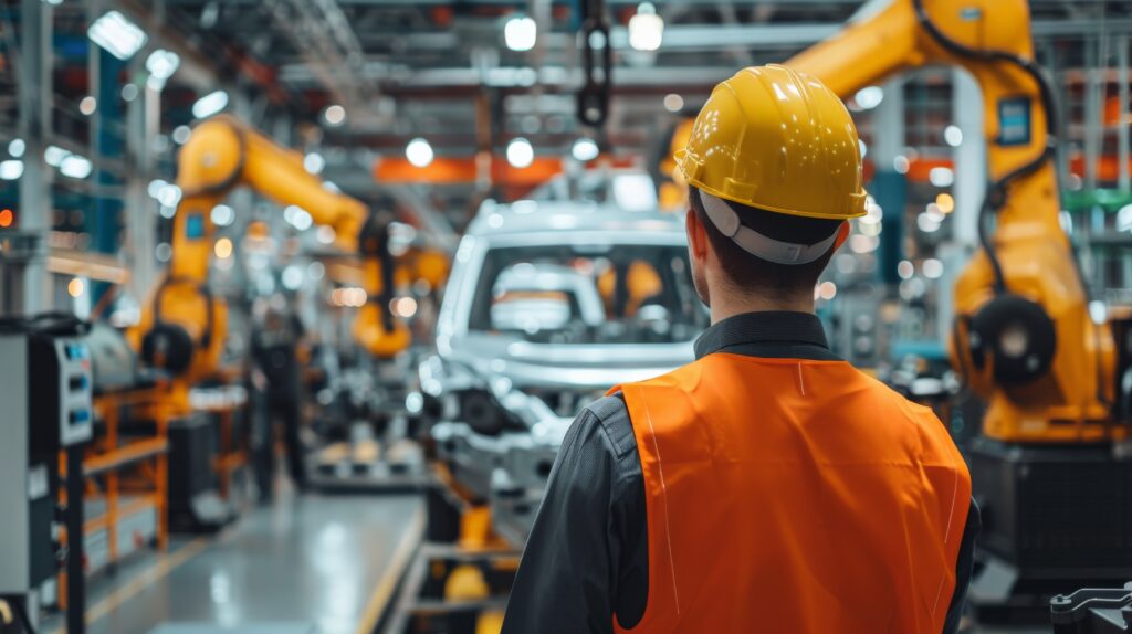 Trabajador observa construcción de vahículo en linea de ensamblaje de fábrica.