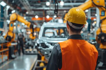 Trabajador observa construcción de vahículo en linea de ensamblaje de fábrica.