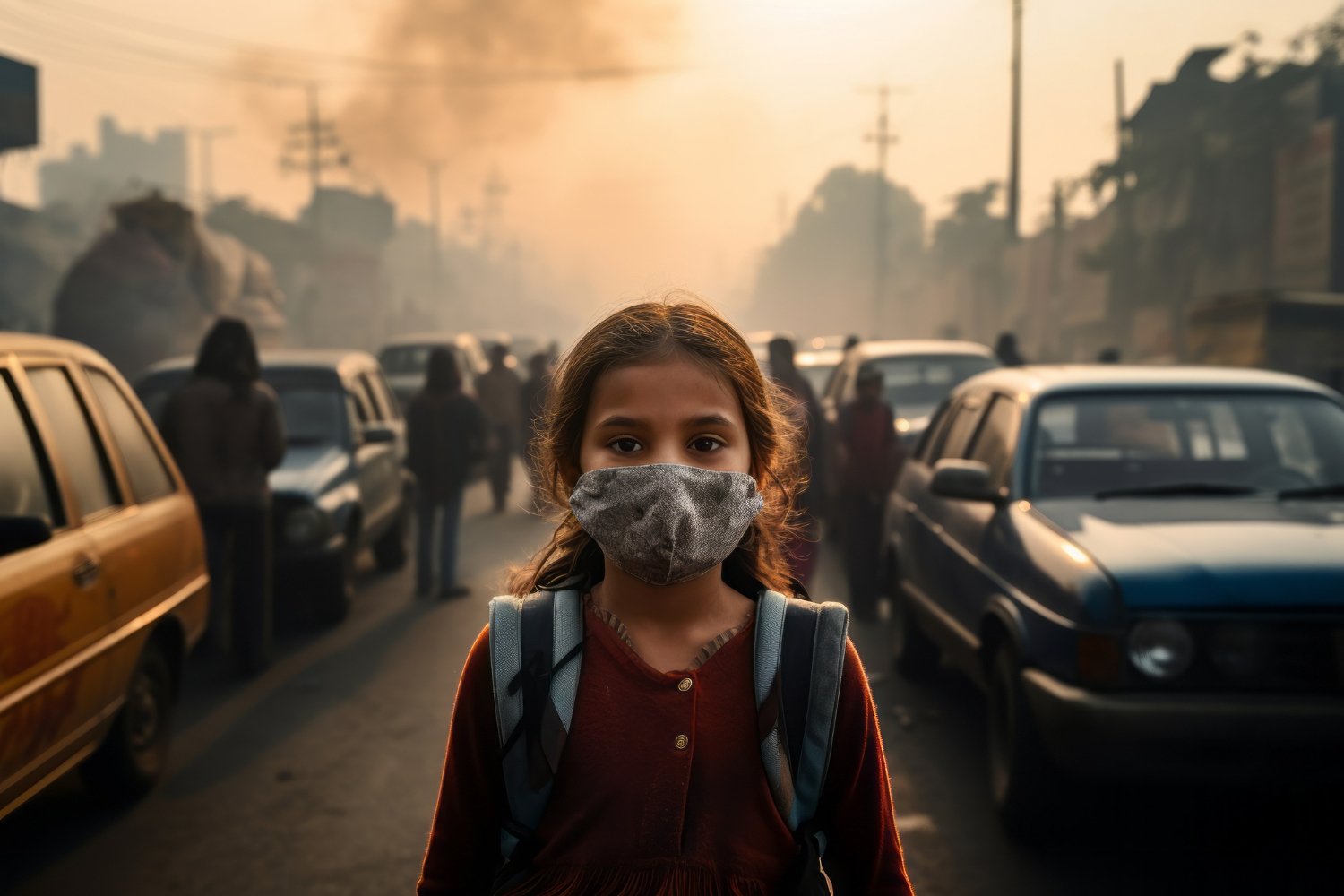 Niña en medio del congestionamiento vial y la contaminación del aire, usando una mascarilla.