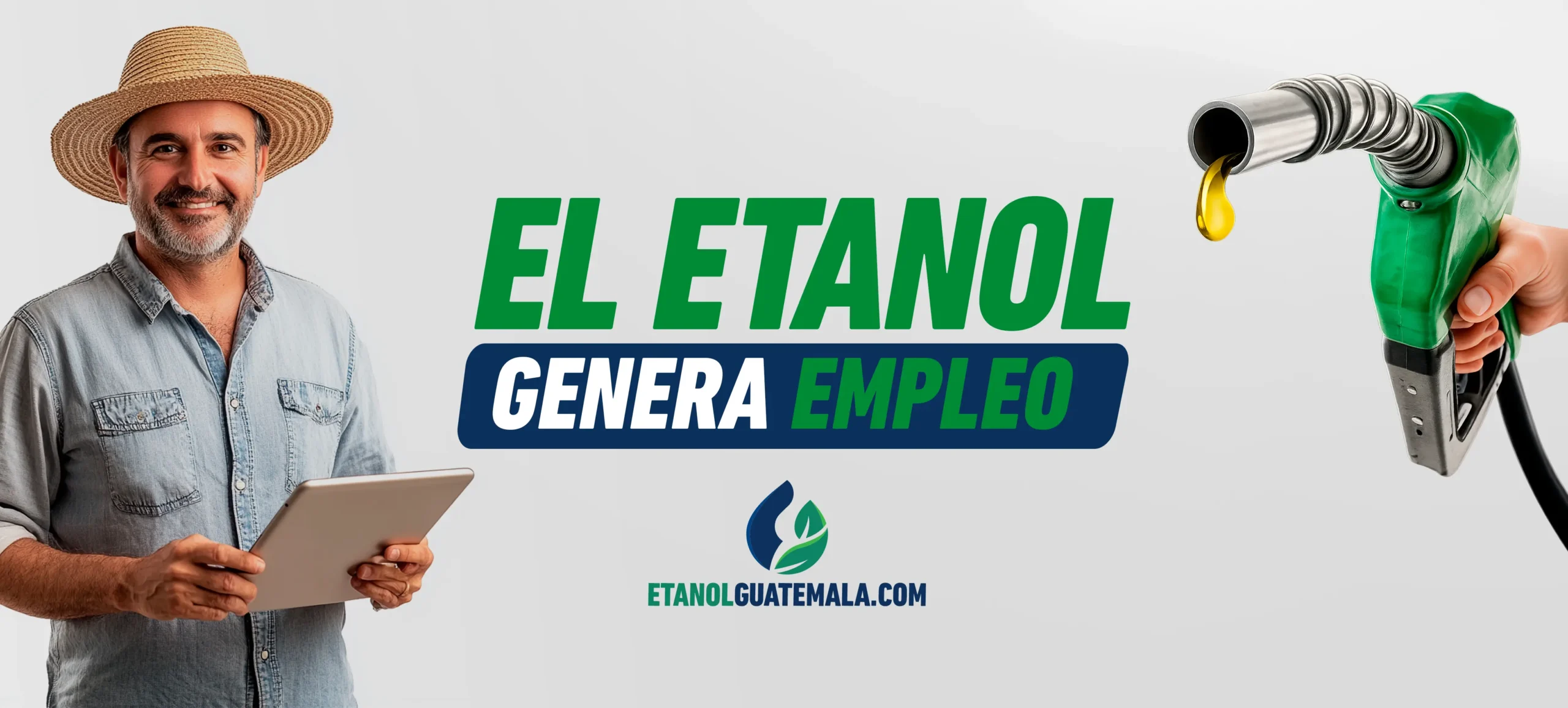 diseño sobre fondo blanco con dispensador de combustible a la derecha, una persona con sombrero de paja sonriendo a la camara a la izquierda y el texto "El etanol genera empleo" al centro