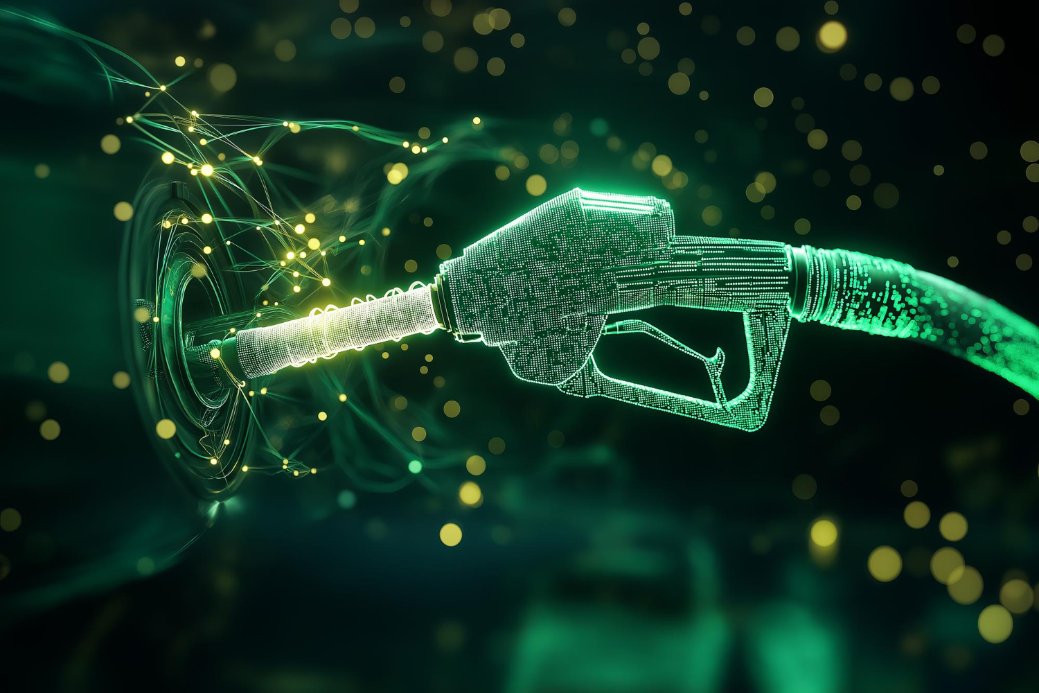 boquilla de combustible digital con partículas verdes brillantes conectada a un puerto de combustible futurista rodeado de líneas y orbes de energía sobre un fondo oscuro.