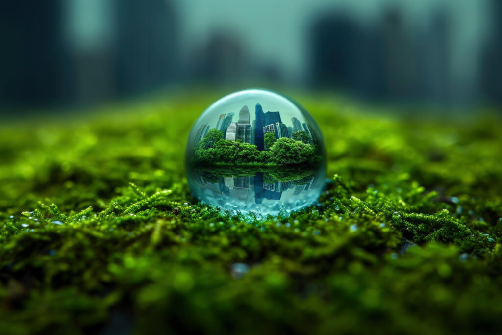 esfera de cristal reflejando una ciudad, mientras descansa sobre una cama de vegetación