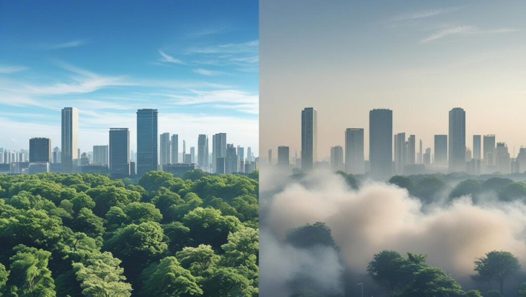 comparación de dos ciudades una con aire limpio y otra contaminada